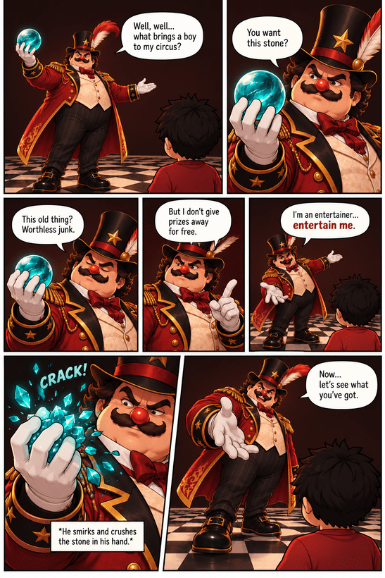 The ringmaster offers the boy a challenge, shatters the stone, and asks him to prove himself.